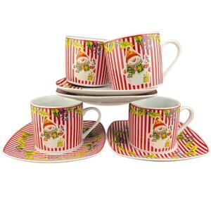Fine Casa Porcelain Espresso Set – 4 Mugs & Saucers, Holly, Berry & Snowman